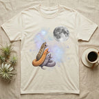 Western Hognose Snake Moon Howl T-Shirt in Natural — Three Western Hognose Snake colour morphs howling at a full moon over a nebula on a dark grey t-shirt.