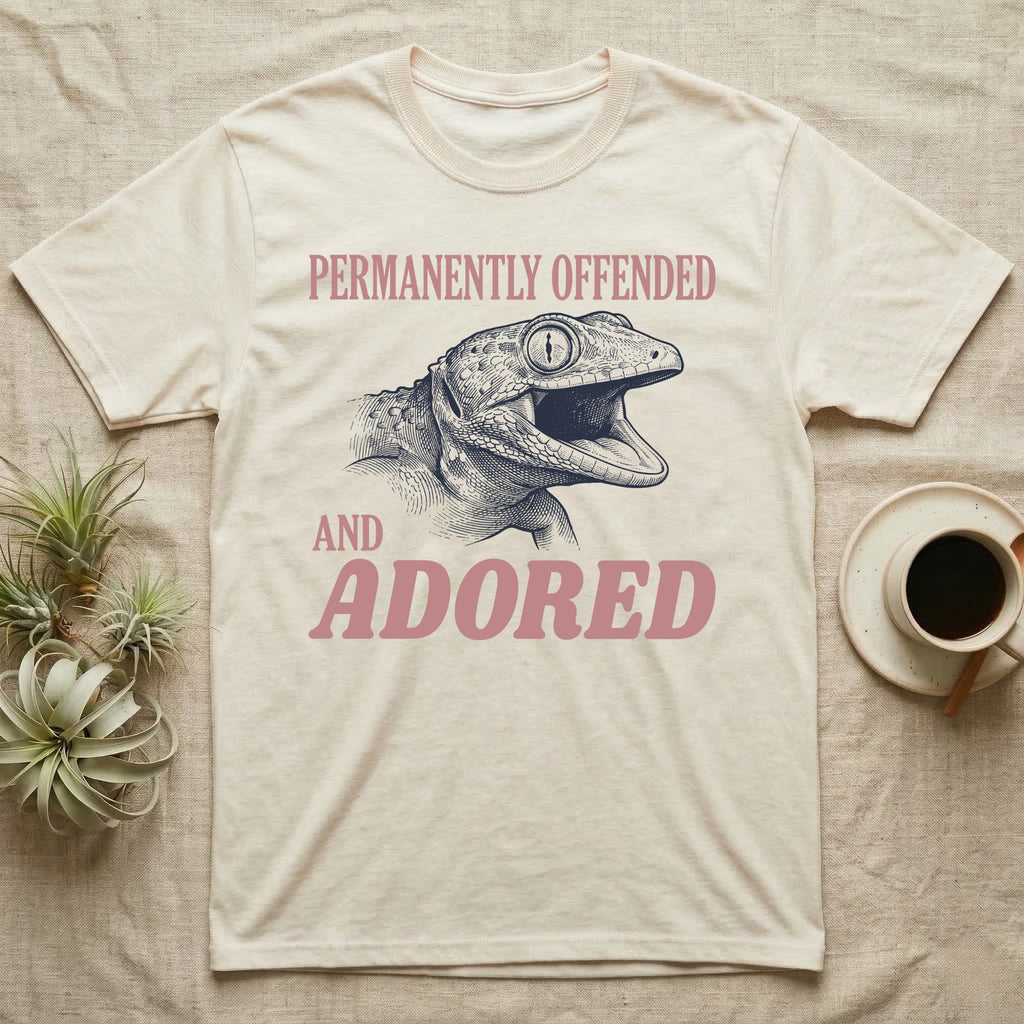 Tokay Gecko Permanently Offended T-Shirt in Natural — Engraved tokay gecko head with mouth open, Permanently Offended above and Adored in large type below.