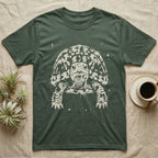 Eastern Box Turtle Bleach T-Shirt in Military Green — Eastern box turtle facing forward, its domed shell and legs emerging from pale bleach spatter on a black ground.