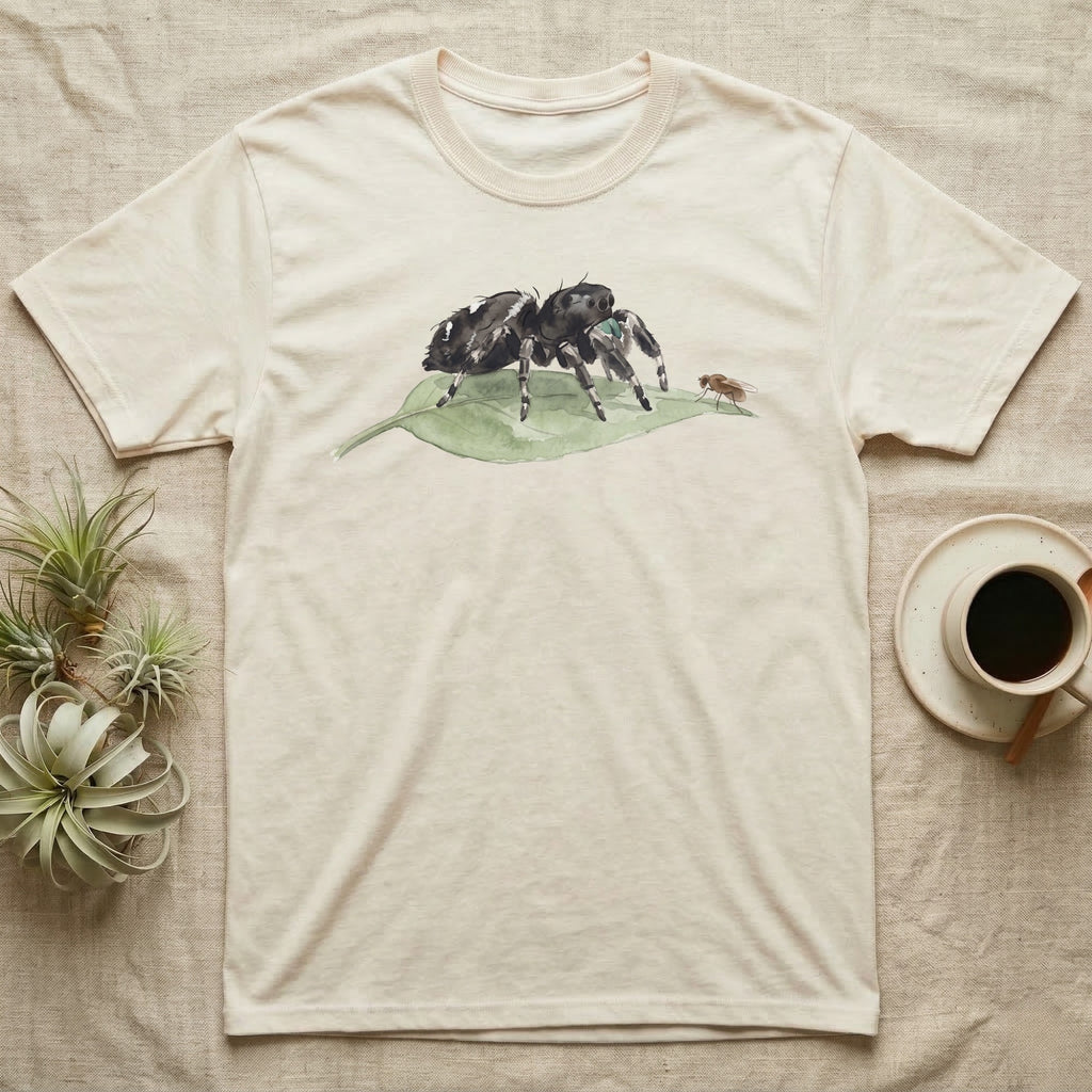 Jumping Spider Watercolour T-Shirt in Natural — Watercolour regal jumping spider standing still on a green leaf, watching a single fruit fly perched on the leaf's tip.