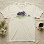 Jumping Spider Watercolour T-Shirt in Natural — Watercolour regal jumping spider standing still on a green leaf, watching a single fruit fly perched on the leaf's tip.