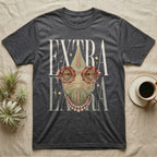 Charcoal t-shirt with chameleon graphic wearing glasses and pearl necklace, text EXTRA.