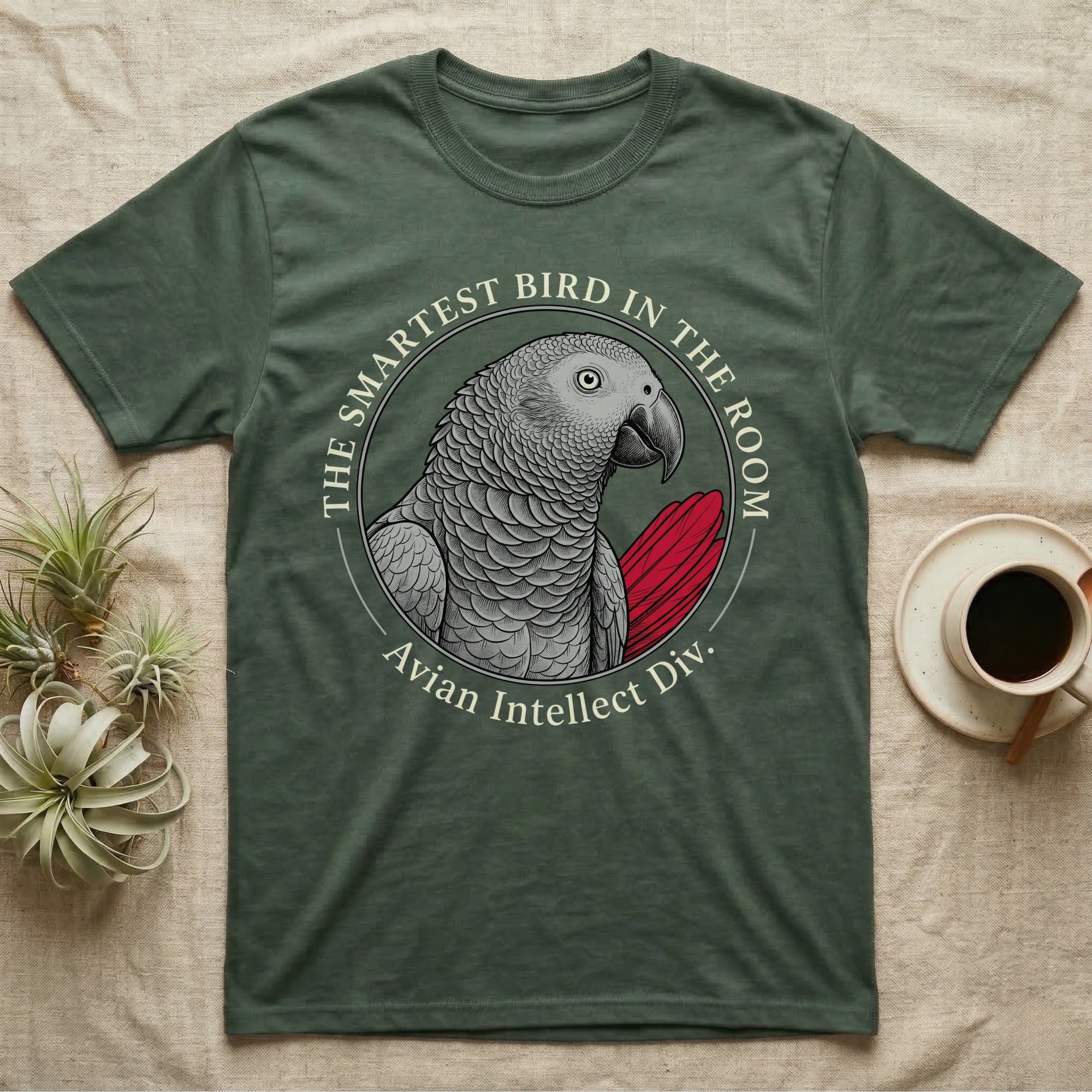 T-shirt with grey parrot illustration and "The Smartest Bird In The Room" text.