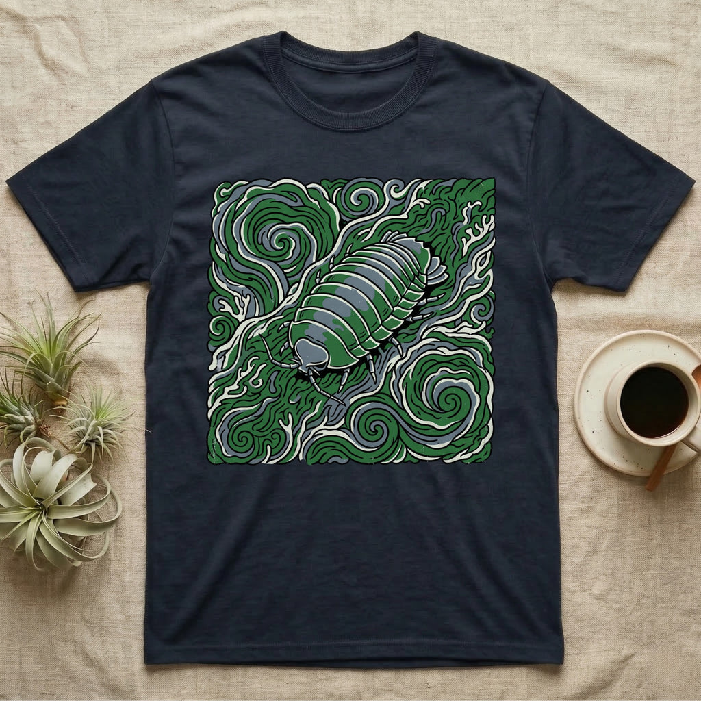 Dark t-shirt with green pill bug illustration on swirling abstract background.