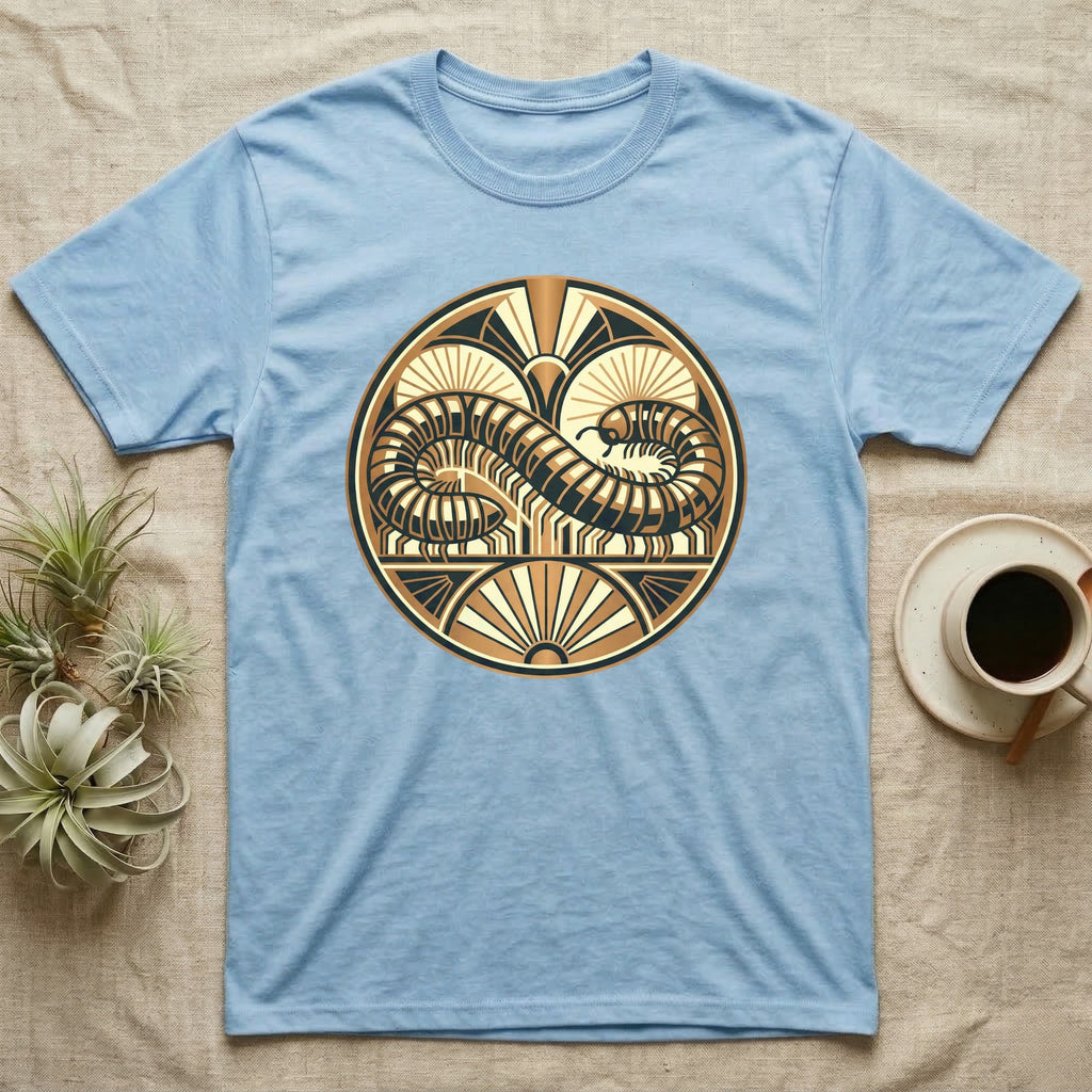 Light blue t-shirt with circular centipede design in gold and brown.