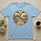 Light blue t-shirt with circular centipede design in gold and brown.