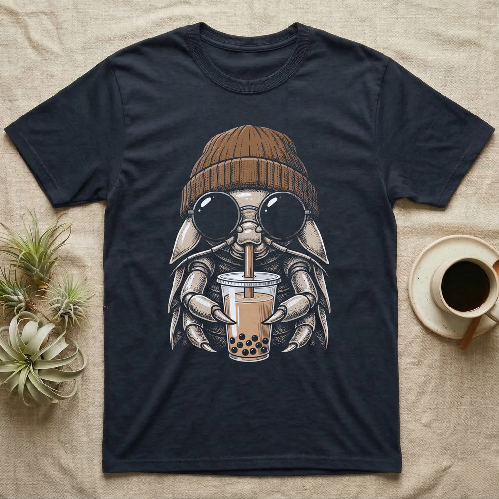Isopod Boba Tea T-Shirt in Navy — Cross-hatch engraving of an isopod in a beanie and round glasses holding boba milk tea.