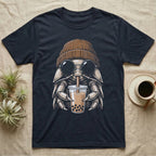 Isopod Boba Tea T-Shirt in Navy — Cross-hatch engraving of an isopod in a beanie and round glasses holding boba milk tea.