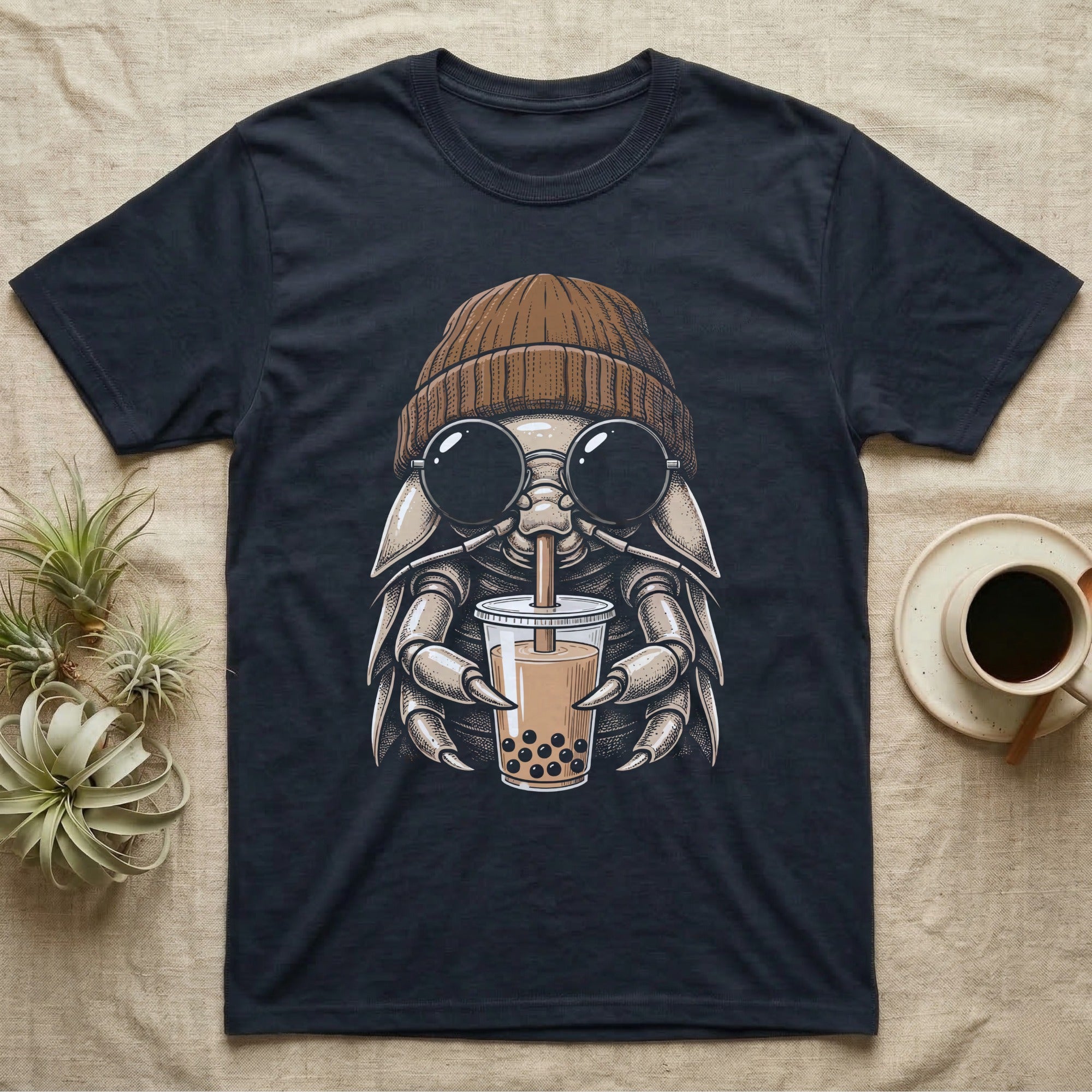 Isopod Boba Tea T-Shirt in Navy — Cross-hatch engraving of an isopod in a beanie and round glasses holding boba milk tea.