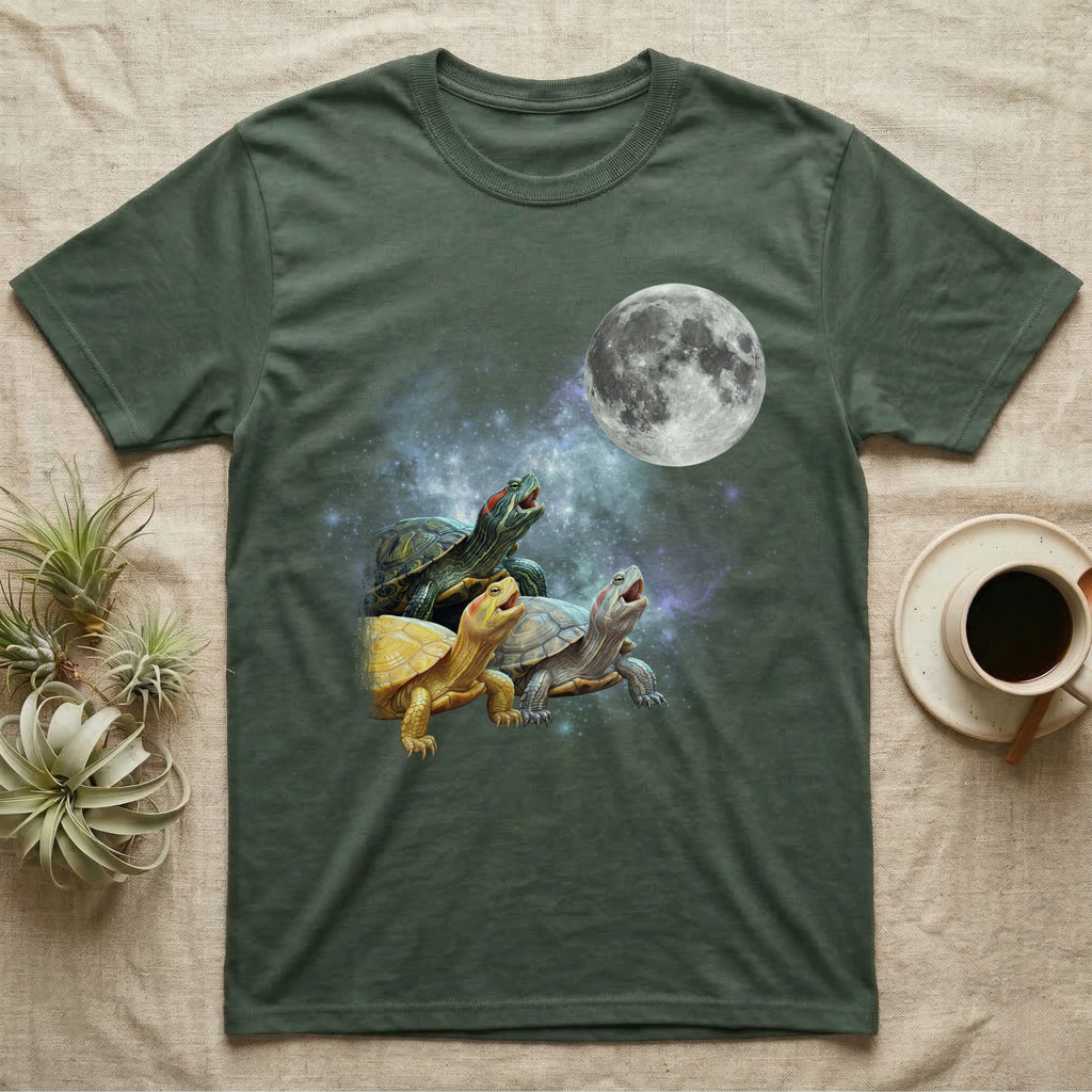 Red-Eared Slider Moon Howl T-Shirt in Military Green — Three Red-Eared Slider colour morphs howling at a full moon over a nebula on a dark grey t-shirt.
