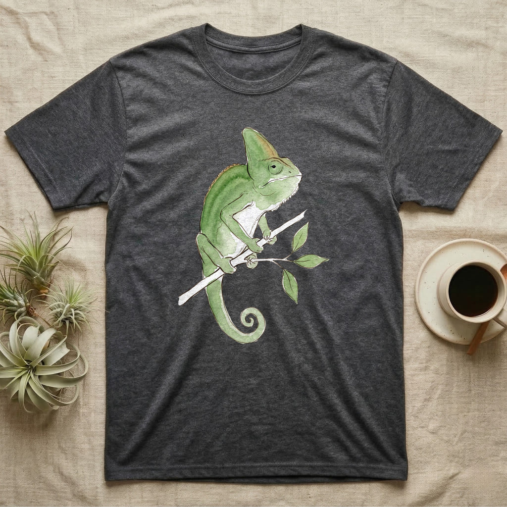 Veiled Chameleon Ambassador T-Shirt in Dark Heather — Watercolour illustration of a veiled chameleon calmly gripping a slender branch, tall casque and curled tail.