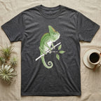 Veiled Chameleon Ambassador T-Shirt in Dark Heather — Watercolour illustration of a veiled chameleon calmly gripping a slender branch, tall casque and curled tail.