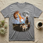 Cats breathing fire and lasers on a rooftop under a full moon.