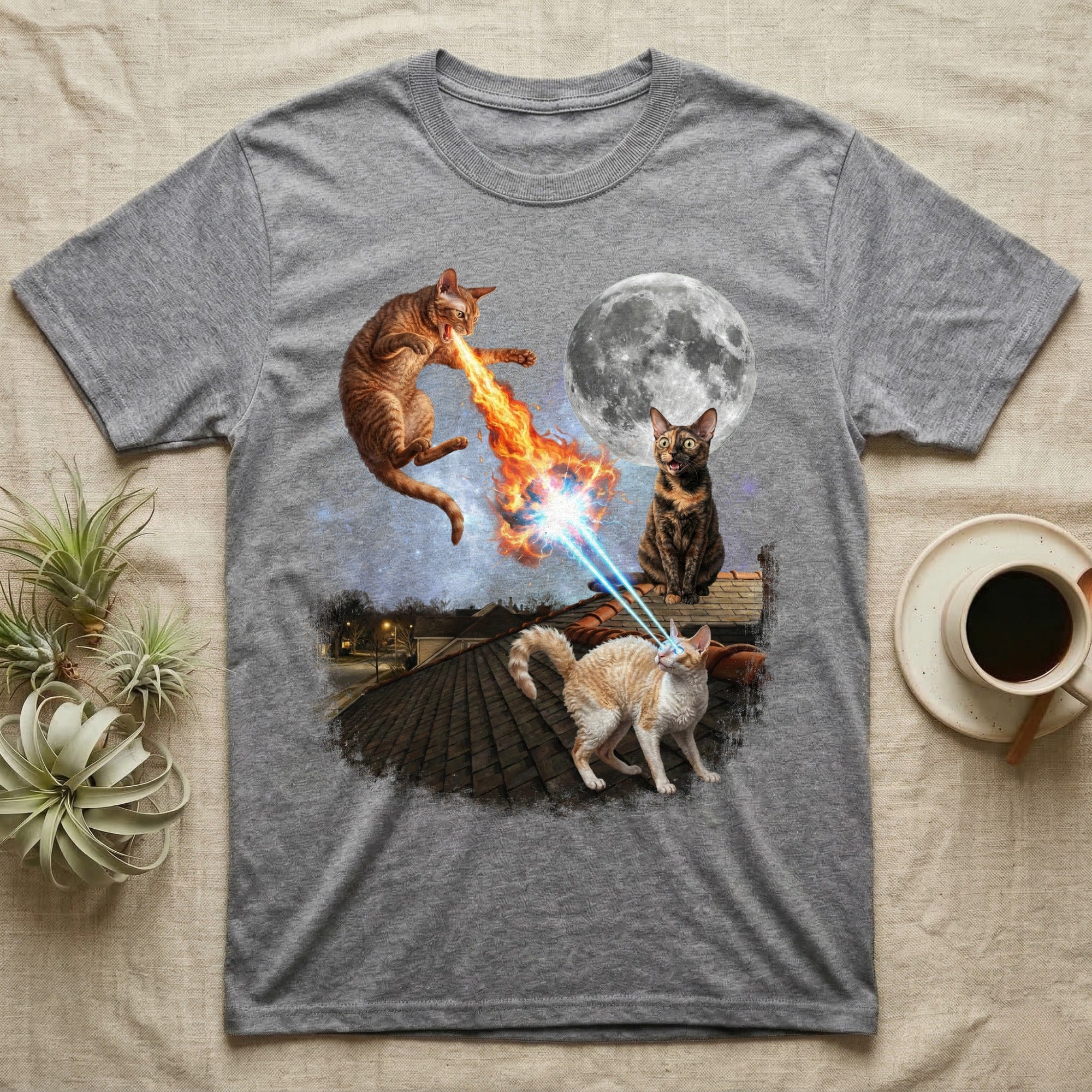Cats breathing fire and lasers on a rooftop under a full moon.