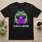 Pacman Frog Slime-O-Lantern T-Shirt in Black — Neon pop-art Pacman frog shaped like a jack-o'-lantern with a lit fly in its mouth, "Slime-O-Lantern."