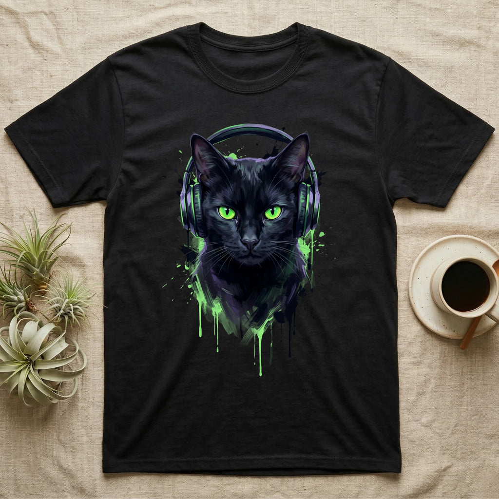 Black t-shirt with a vibrant green-eyed black cat wearing headphones.