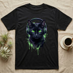 Black t-shirt with a vibrant green-eyed black cat wearing headphones.