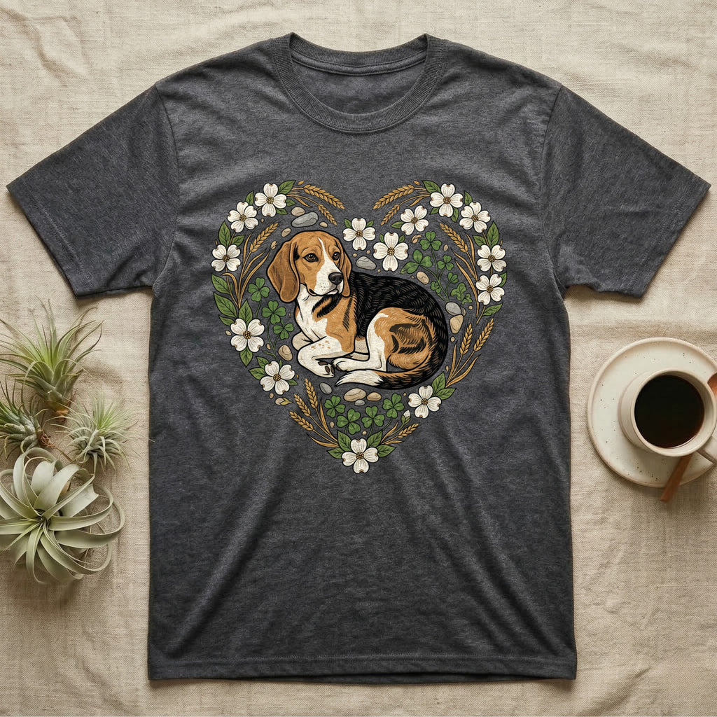 Dark grey t-shirt with beagle dog surrounded by heart-shaped floral and clover wreath.