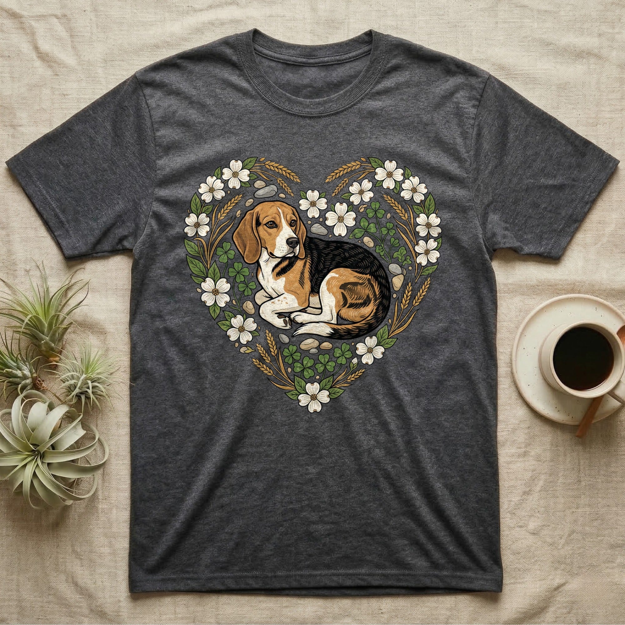 Dark grey t-shirt with beagle dog surrounded by heart-shaped floral and clover wreath.