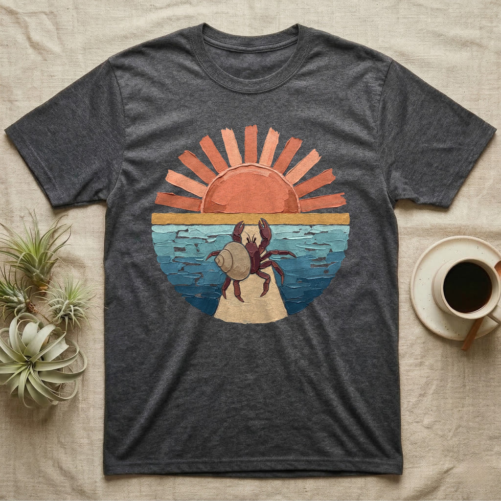 Hermit Crab Big Stretch T-Shirt in Dark Heather — Palette-knife painted medallion of a Caribbean hermit crab at full stretch under a coral sunburst.