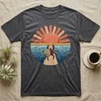 Hermit Crab Big Stretch T-Shirt in Dark Heather — Palette-knife painted medallion of a Caribbean hermit crab at full stretch under a coral sunburst.