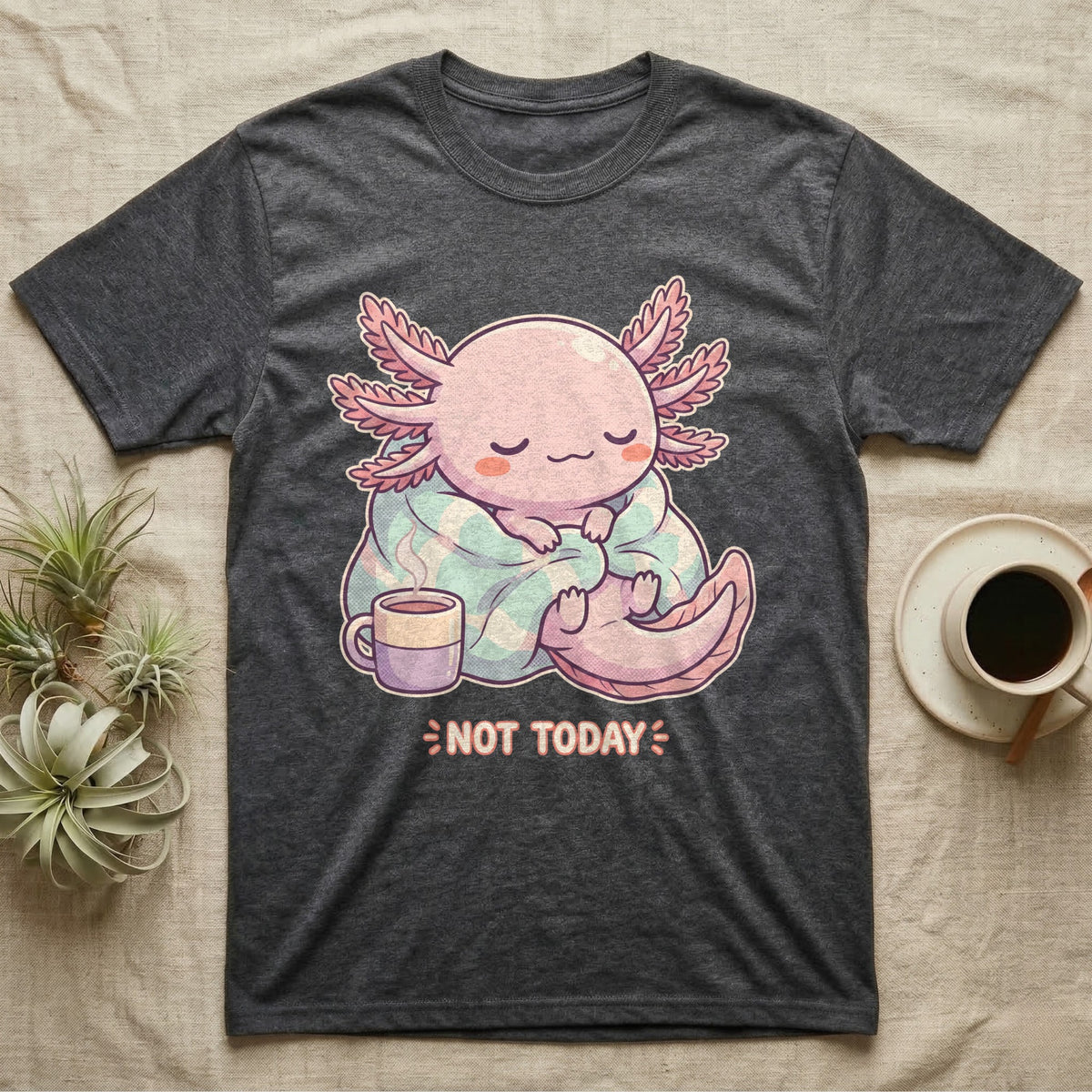 Axolotl Not Today T-Shirt in Dark Heather — Kawaii chibi illustration of an axolotl curled in a blanket with a mug and a soft caption reading Not Today.