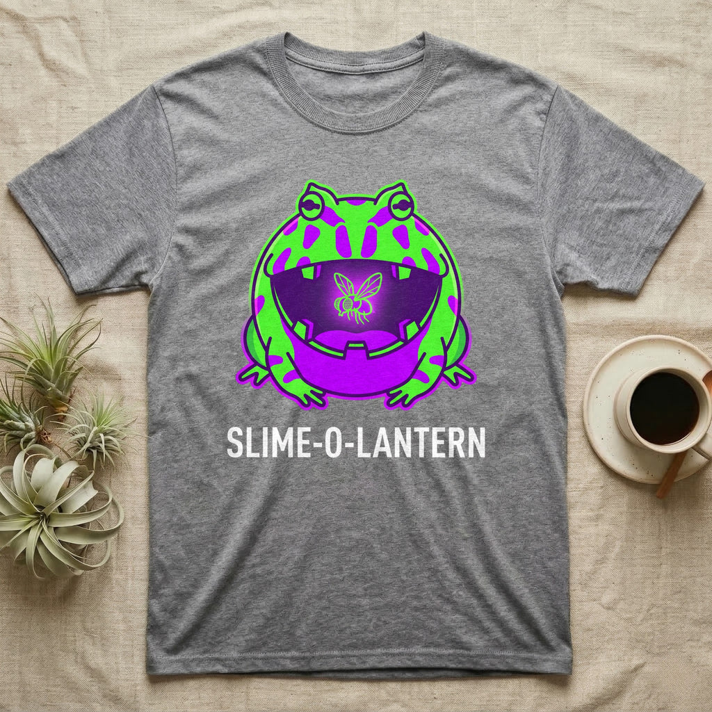 Pacman Frog Slime-O-Lantern T-Shirt in Sport Grey — Neon pop-art Pacman frog shaped like a jack-o'-lantern with a lit fly in its mouth, "Slime-O-Lantern."