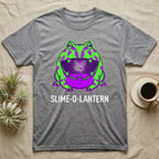 Pacman Frog Slime-O-Lantern T-Shirt in Sport Grey — Neon pop-art Pacman frog shaped like a jack-o'-lantern with a lit fly in its mouth, "Slime-O-Lantern."