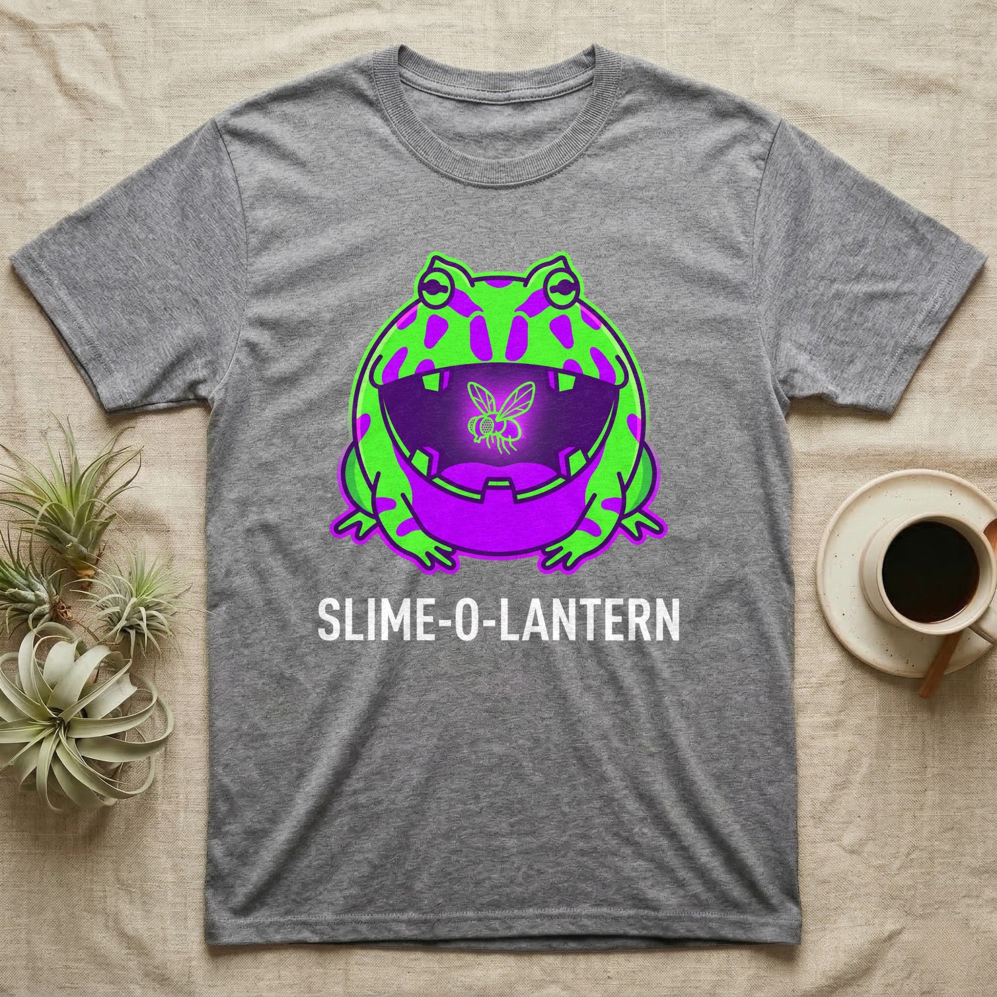 Pacman Frog Slime-O-Lantern T-Shirt in Sport Grey — Neon pop-art Pacman frog shaped like a jack-o'-lantern with a lit fly in its mouth, "Slime-O-Lantern."