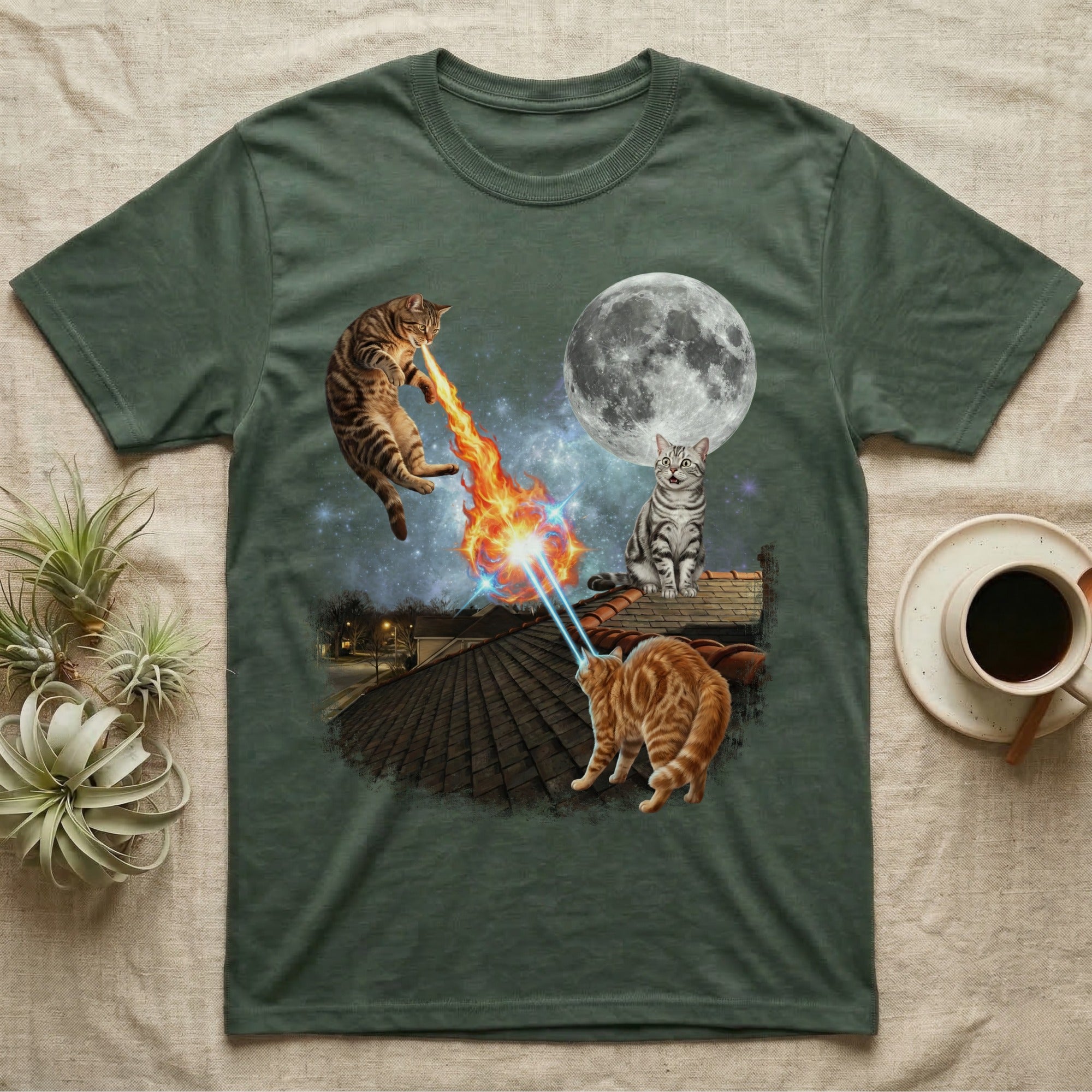 T-shirt with cats on a rooftop shooting lasers at the moon.