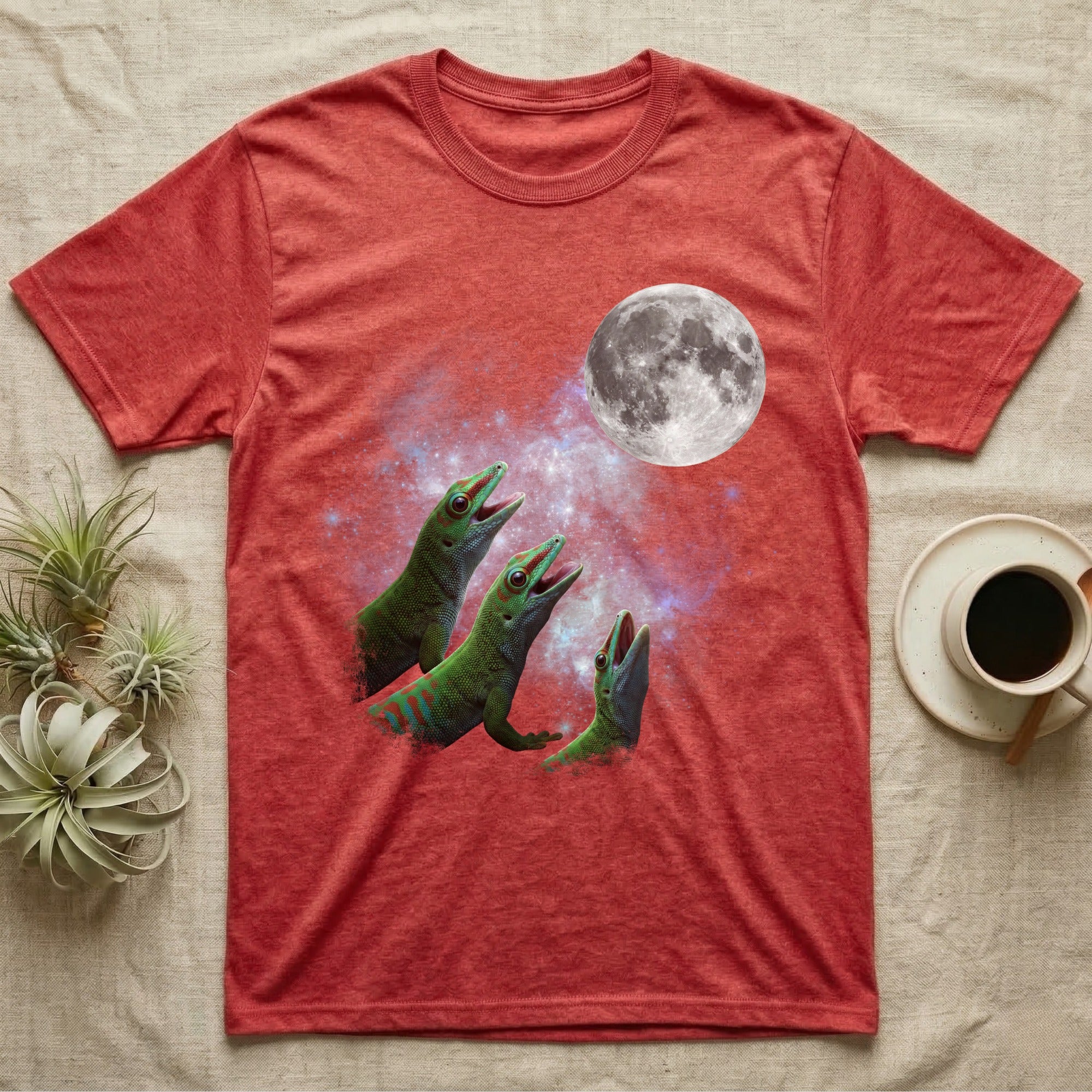 Giant Day Gecko Moon Howl T-Shirt in Heather Red — Three Giant Day Gecko colour morphs howling at a full moon over a nebula on a dark grey t-shirt.