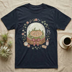 Navy t-shirt with a glass dome containing a snake, flowers, and mushrooms.