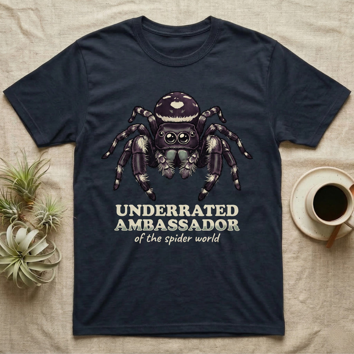 Underrated Ambassador Spider T-Shirt in Navy — Soft creepy-cute portrait of a big-eyed jumping spider with hand-lettered text reading Underrated Ambassador of the Spider World.