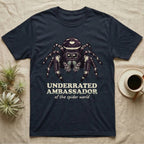 Underrated Ambassador Spider T-Shirt in Navy — Soft creepy-cute portrait of a big-eyed jumping spider with hand-lettered text reading Underrated Ambassador of the Spider World.