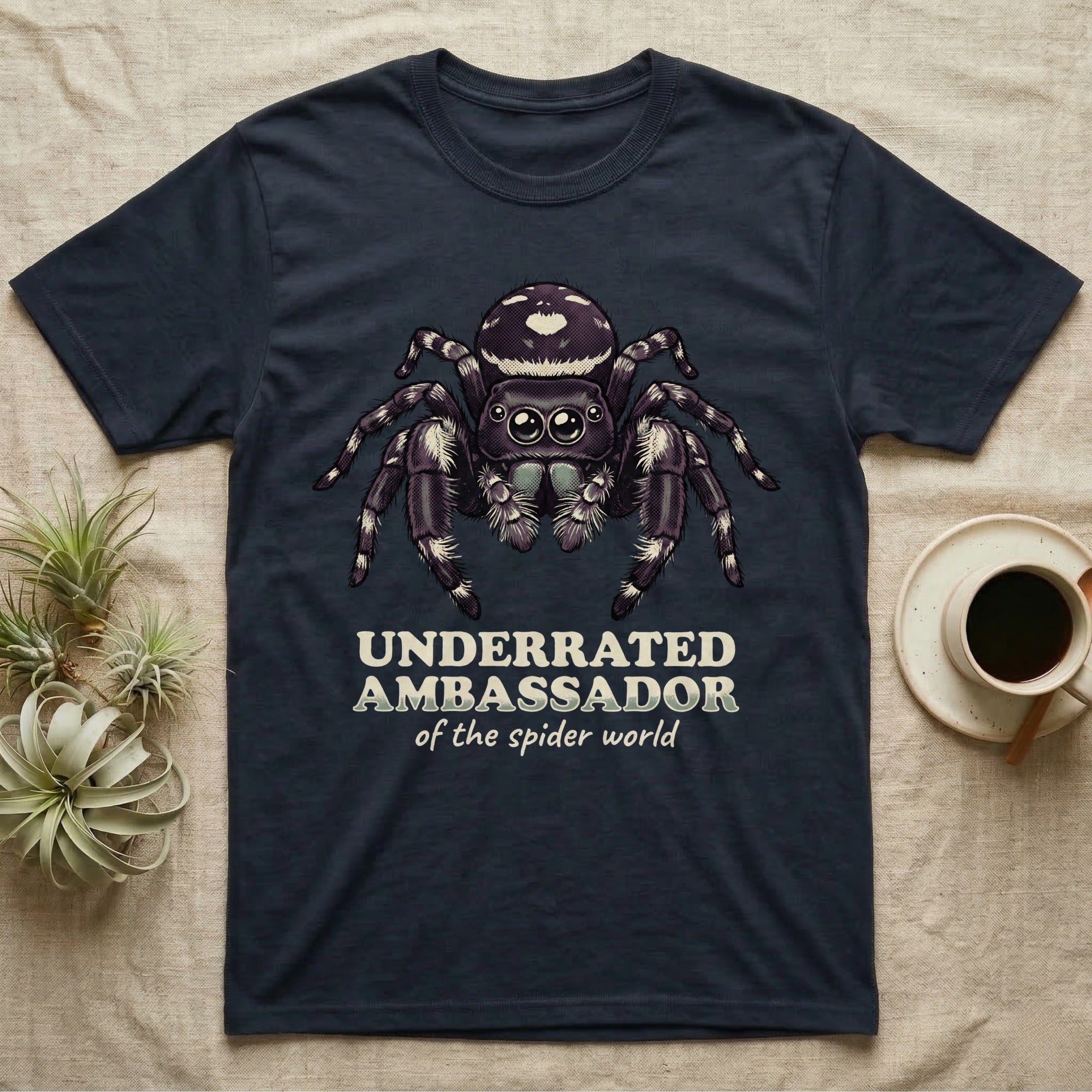 Underrated Ambassador Spider T-Shirt in Navy — Soft creepy-cute portrait of a big-eyed jumping spider with hand-lettered text reading Underrated Ambassador of the Spider World.