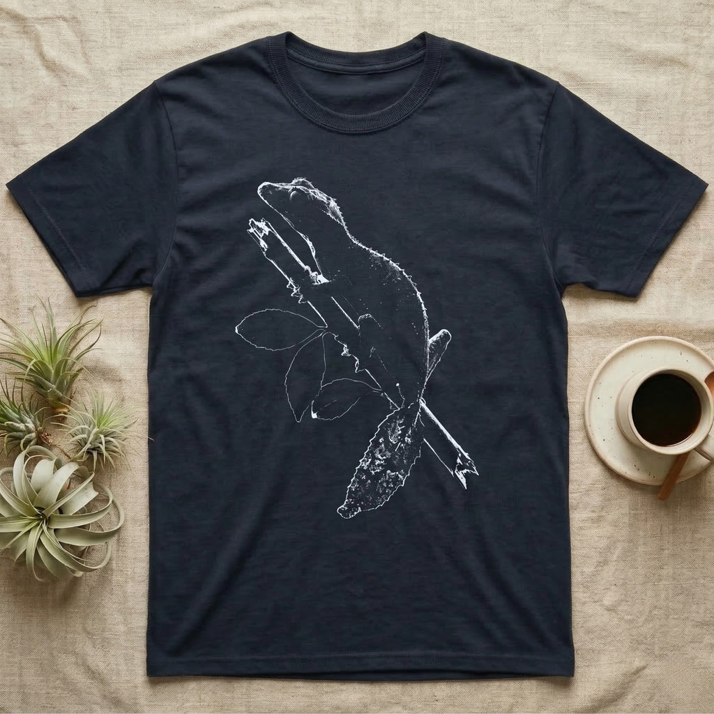 Leaf-Tailed Gecko Rimlight T-Shirt in Navy — Satanic leaf-tailed gecko resting on a broken branch, drawn only as a near-white lit edge on black with its body left empty dark.