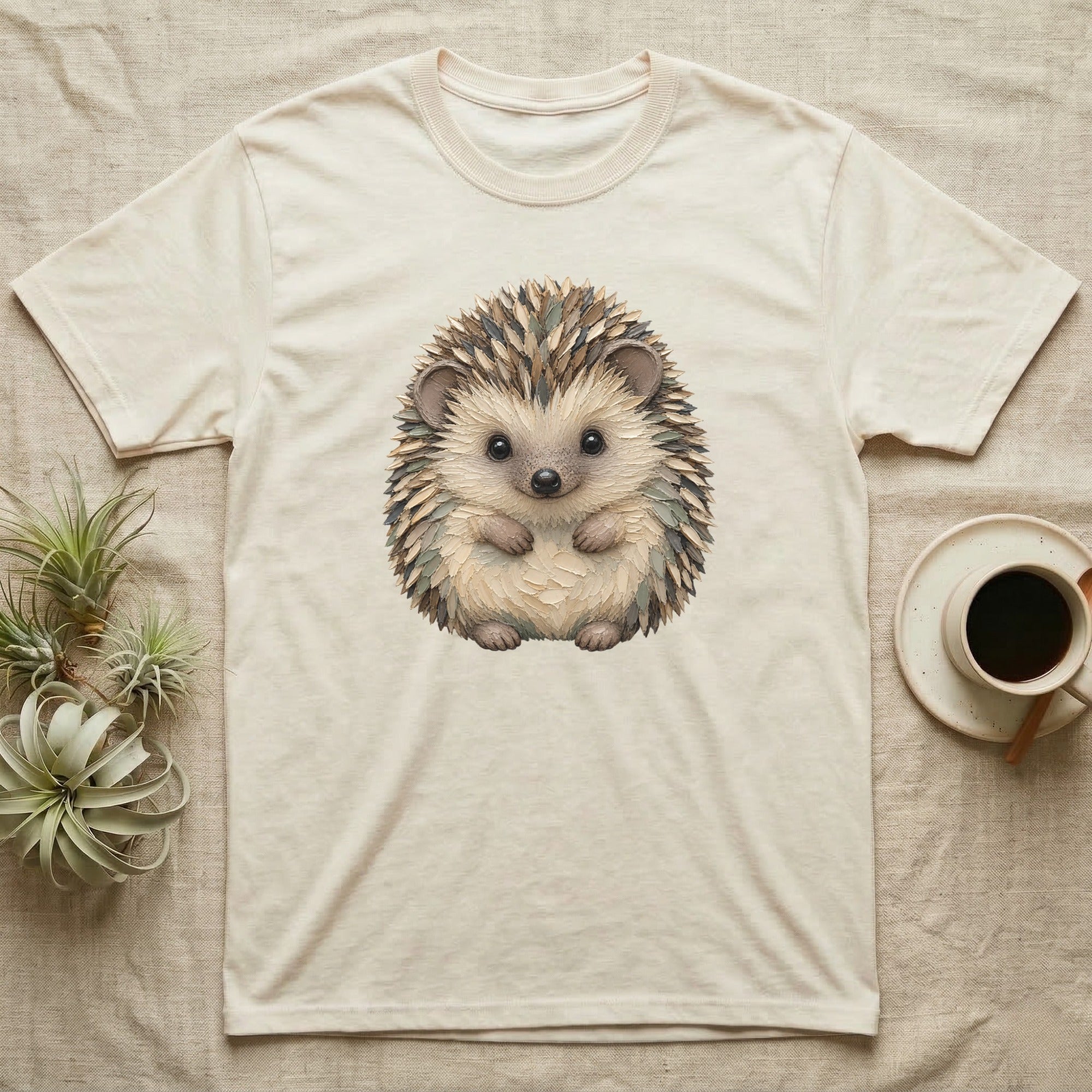 Cream t-shirt with watercolor hedgehog design.