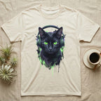 Black cat wearing green headphones, with green paint splatters.