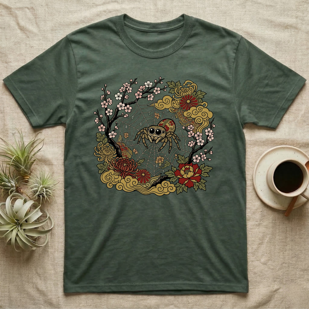 Green t-shirt with a spider and floral design in an ornate circular frame.