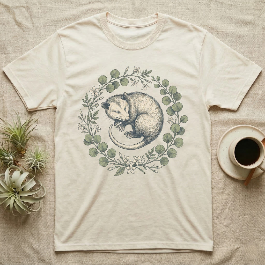 Cream t-shirt with sleeping possum in floral wreath design.