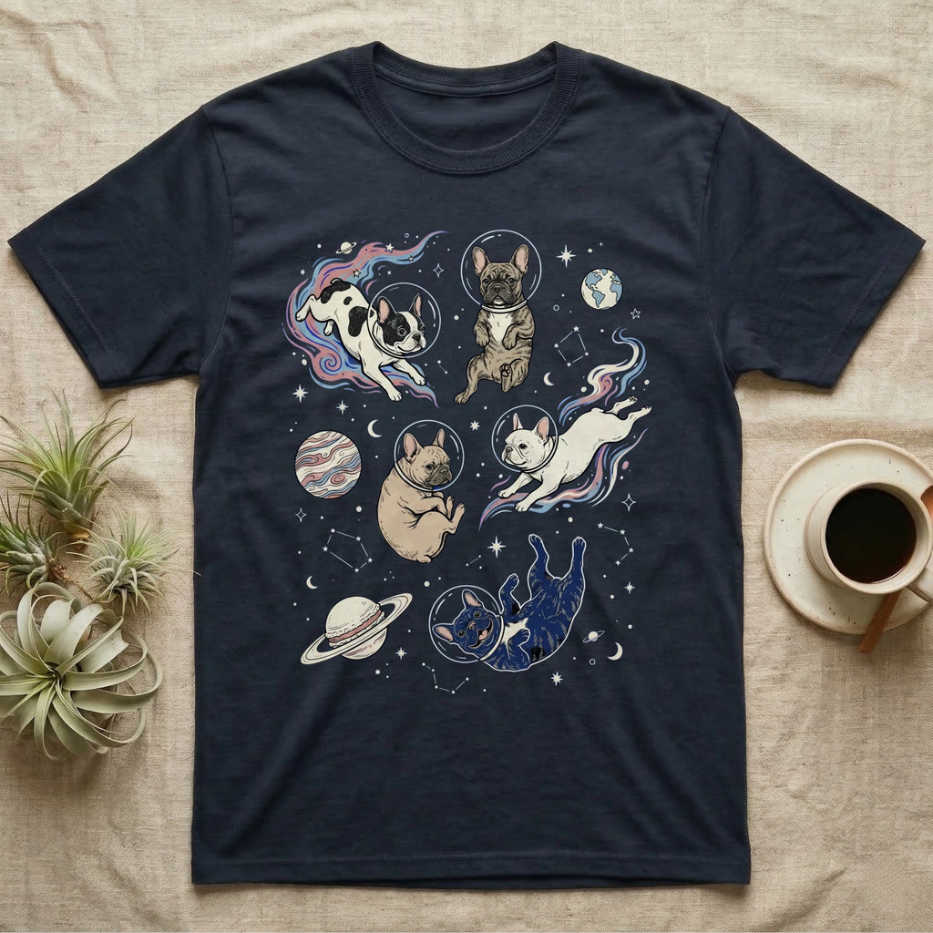 Dark t-shirt with French Bulldogs and cats in space outfits, planets, and stars.