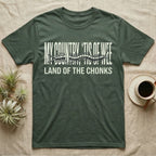 Centipede Land Of Chonks T-Shirt in Military Green — Black-and-white woodcut centipede across distressed text reading My Country Tis of Wee, Land of the Chonks.