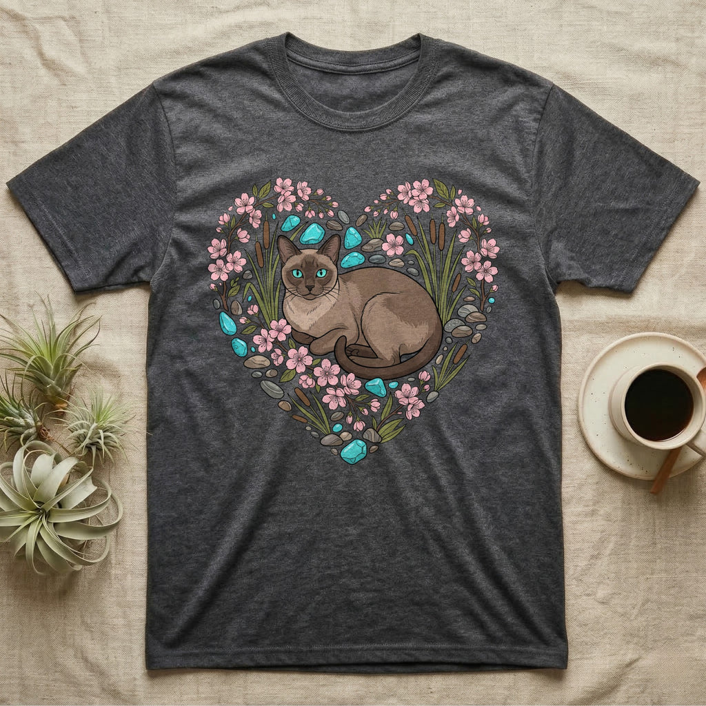 Dark grey t-shirt with a heart-shaped floral design featuring a Siamese cat.