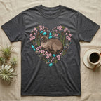 Dark grey t-shirt with a heart-shaped floral design featuring a Siamese cat.