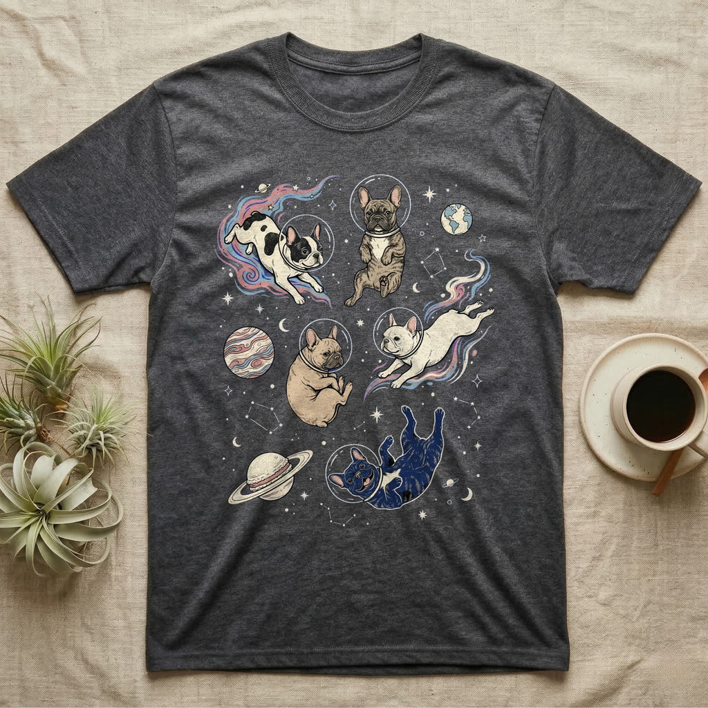 Dark gray t-shirt with French bulldogs and a cat in space.