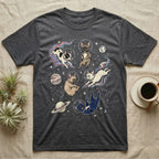 Dark gray t-shirt with French bulldogs and a cat in space.