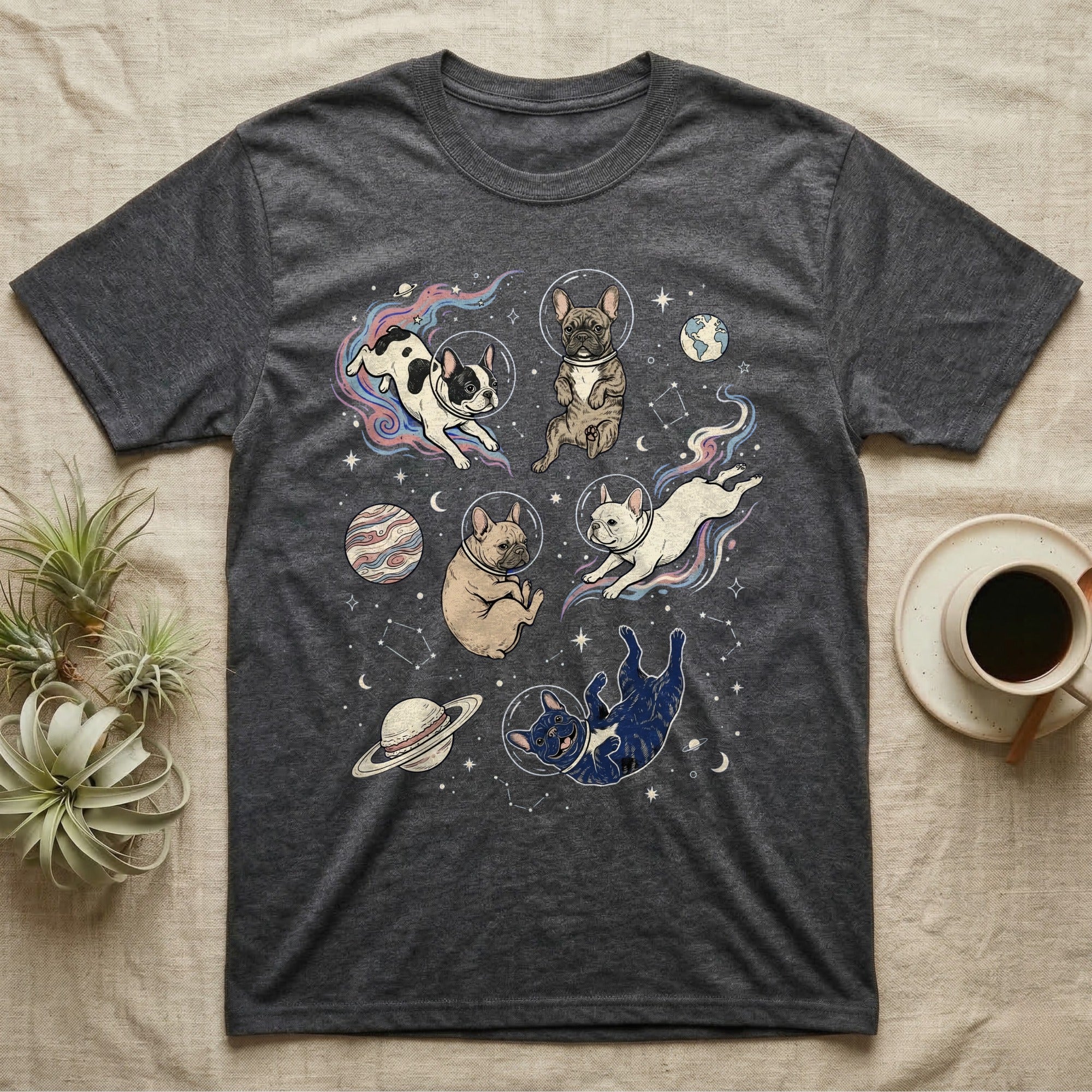 Dark gray t-shirt with French bulldogs and a cat in space.