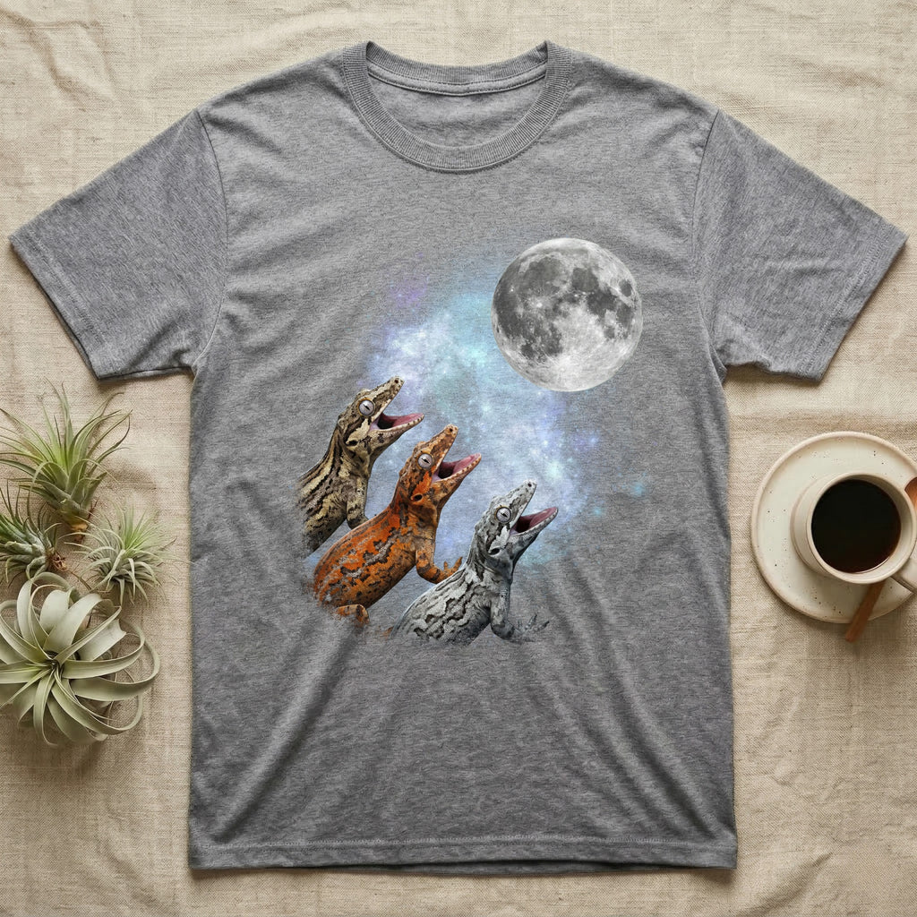 Gargoyle Gecko Moon Howl T-Shirt in Sport Grey — Three Gargoyle Gecko colour morphs howling at a full moon over a nebula on a dark grey t-shirt.