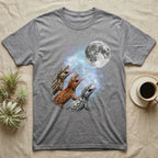 Gargoyle Gecko Moon Howl T-Shirt in Sport Grey — Three Gargoyle Gecko colour morphs howling at a full moon over a nebula on a dark grey t-shirt.