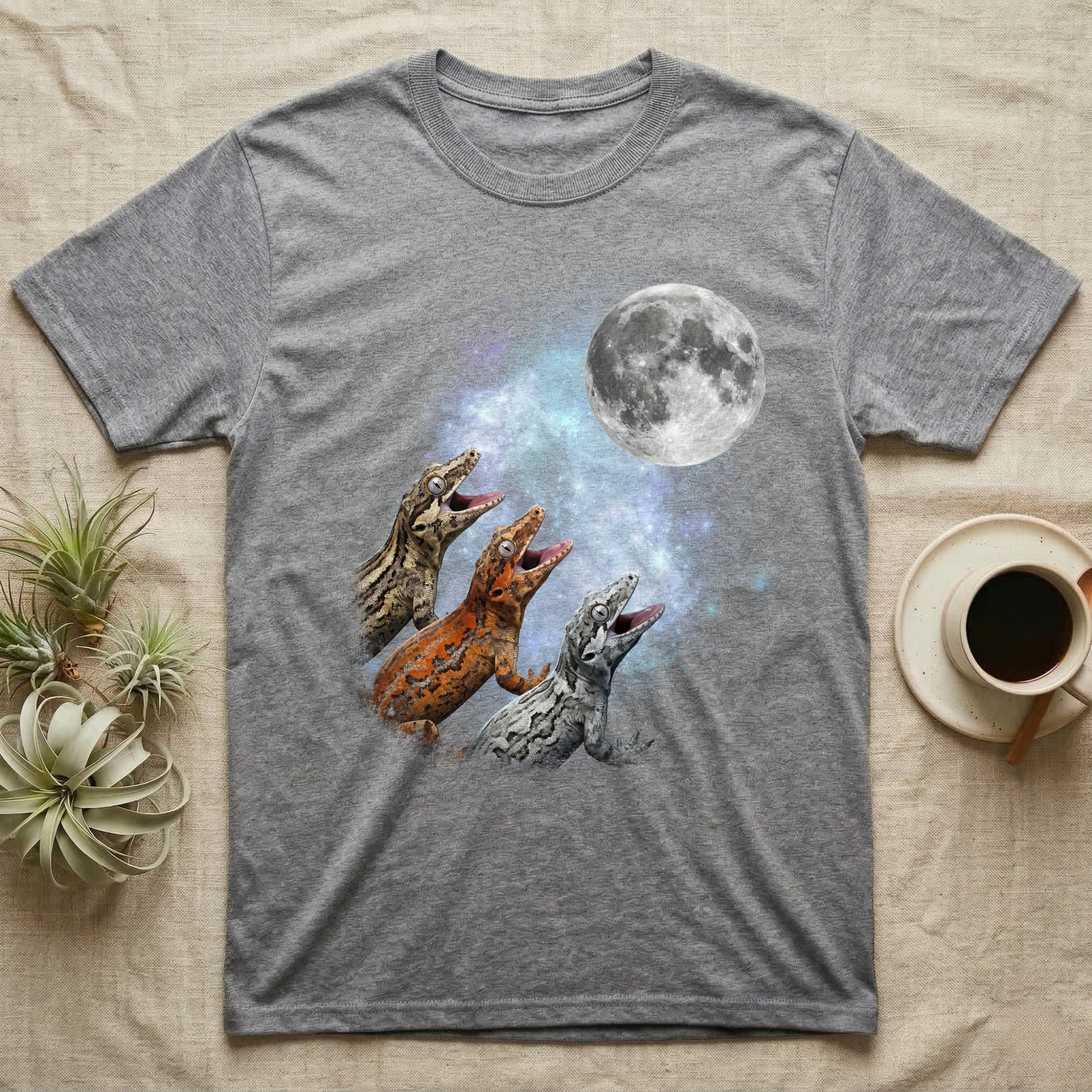 Gargoyle Gecko Moon Howl T-Shirt in Sport Grey — Three Gargoyle Gecko colour morphs howling at a full moon over a nebula on a dark grey t-shirt.
